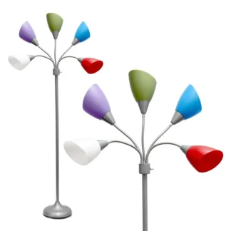 Lámpara de pie moderna Medusa de 5 luces con cuello de cisne ajustable, plateada, modelo LF2006SDM 67, con detalles primarios en multicolor oscuro.