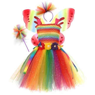 Conjunto de disfraz de elfo para niñas, vestido de princesa de hadas y mariposas de arcoíris, malla de lentejuelas, Halloween, juego de rol, vestido tutú de lentejuelas
