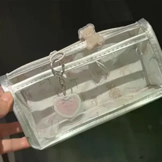 Estuche de lápices translúcido de dibujos animados, bolsa de almacenamiento de papelería vertical multicapa de gran capacidad, bolsa de cosméticos para útiles escolares