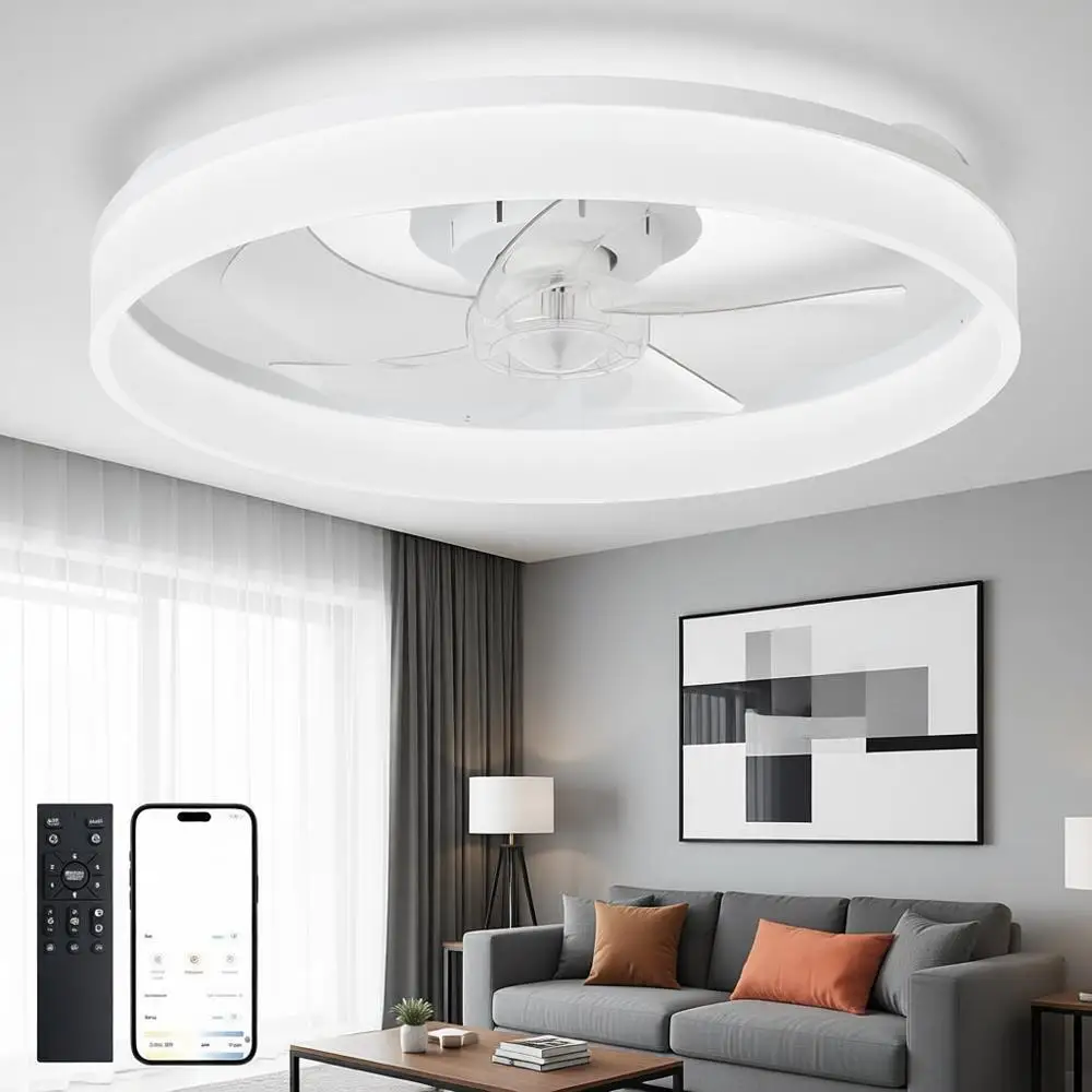 Ventilador de Techo de Perfil Bajo de 20 Pulgadas con Control Remoto por Aplicación - Motor DC Silencioso con LED Blanco Regulable para Dormitorio y Sala de Estar