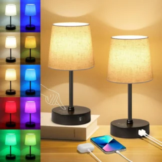 Paquete de 2 Lámparas de Noche RGB con Cambio de Color, Control Táctil Regulable con Puertos USB-C/A para Dormitorio y Sala de Estar