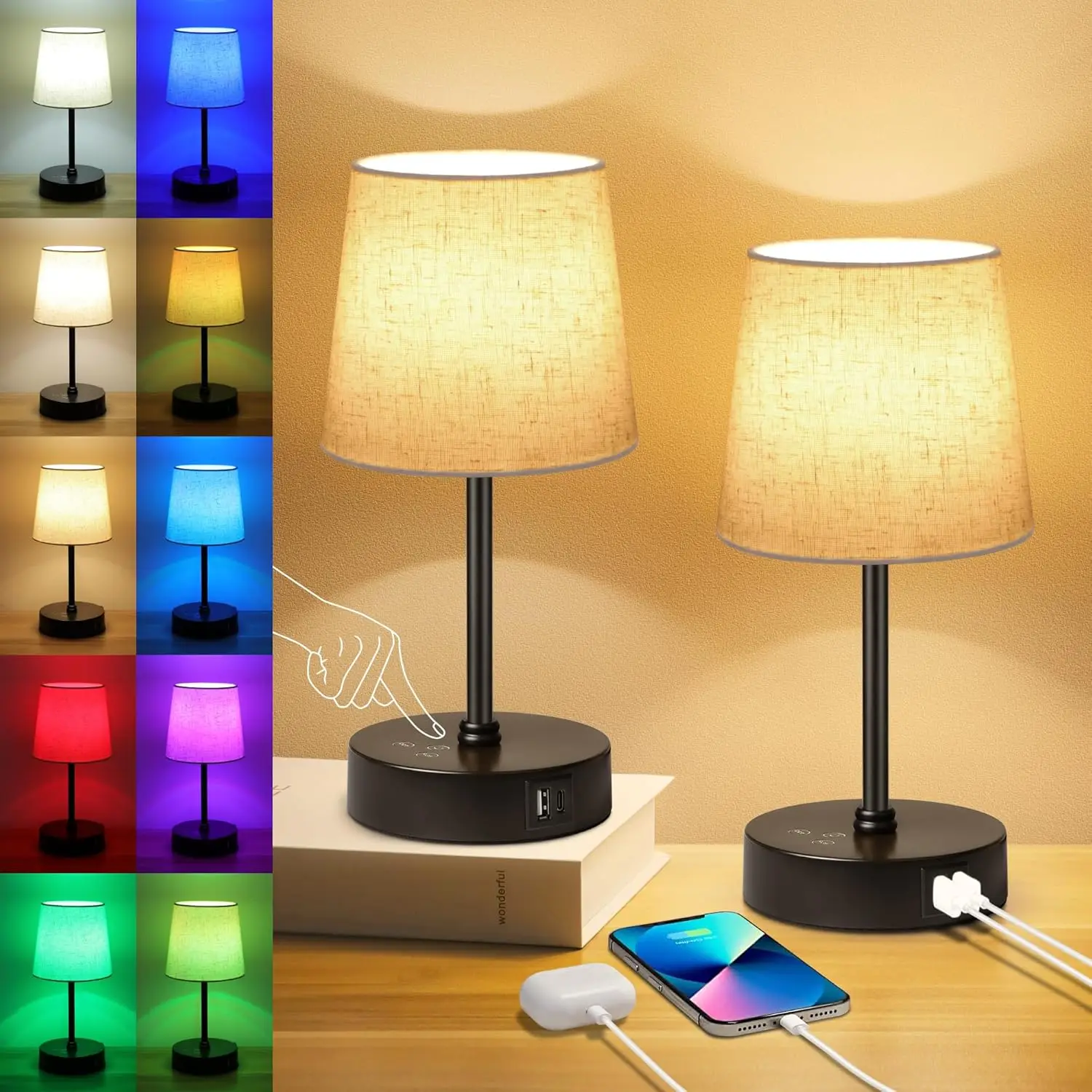 Paquete de 2 Lámparas de Noche RGB con Cambio de Color, Control Táctil Regulable con Puertos USB-C/A para Dormitorio y Sala de Estar