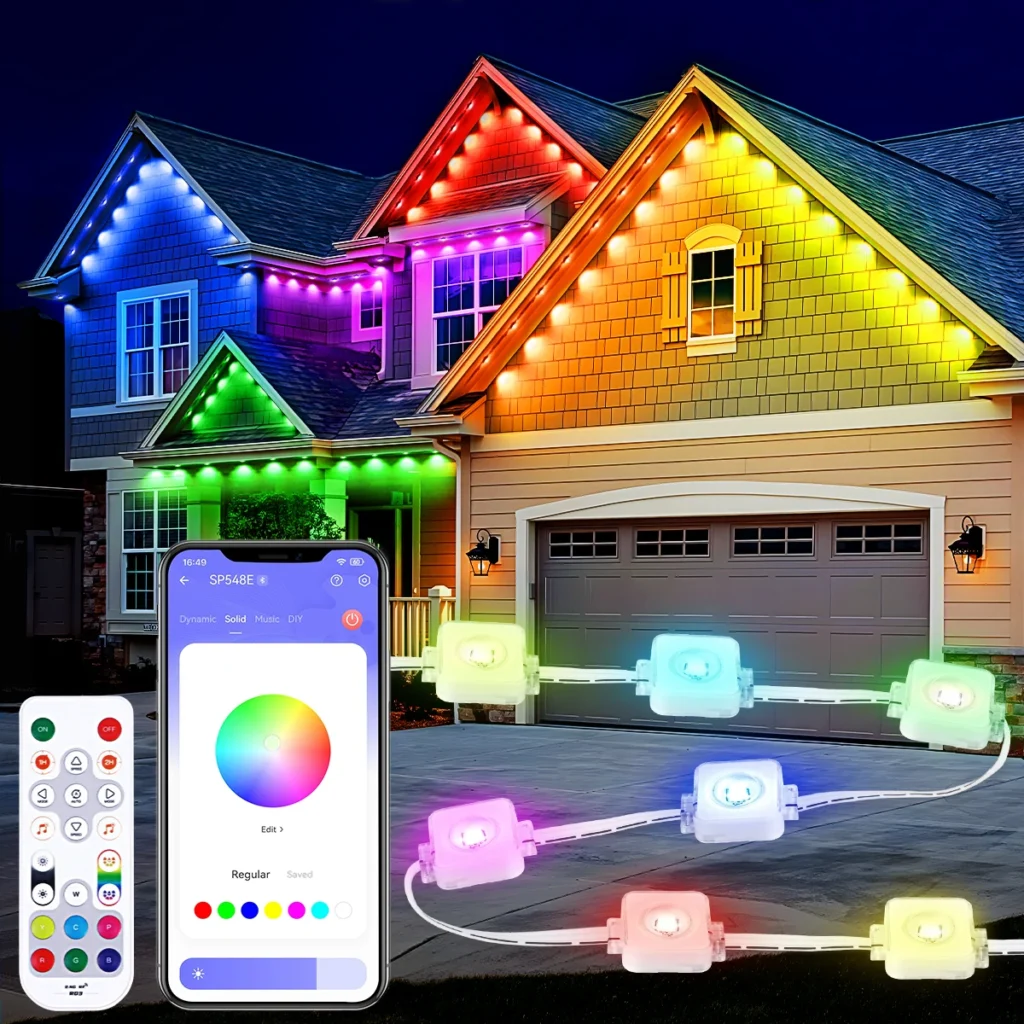 Luces exteriores permanentes, luces exteriores RGBIC de 100 pies/150 pies con luces LED de 60/90, resistente al agua IP67, 100 modos de escena
