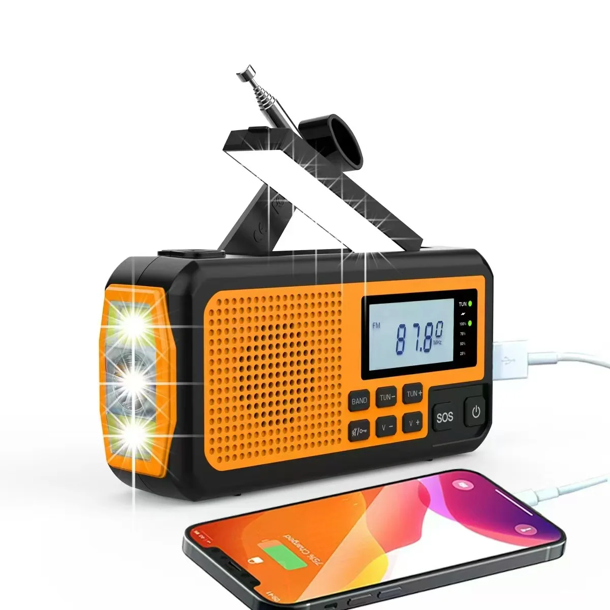 Para regalo de Navidad español Radio de energía Solar de emergencia manivela de carga AM/FM SOS alarma Radio Led lectura linterna banco de energía