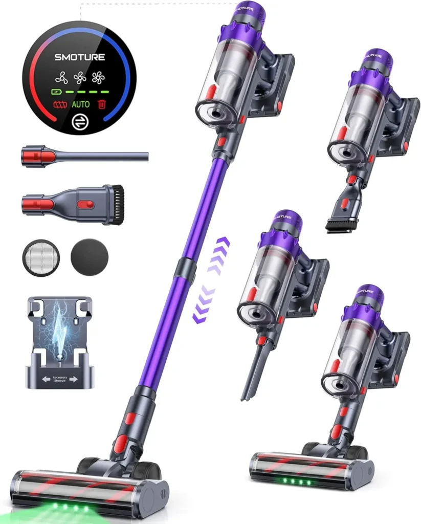 Aspiradora Inalámbrica, 600W, 50KPA de Succión, 65 Minutos de Autonomía, Diseño Vertical con Modo Automático para Pelo de Mascotas y Pisos