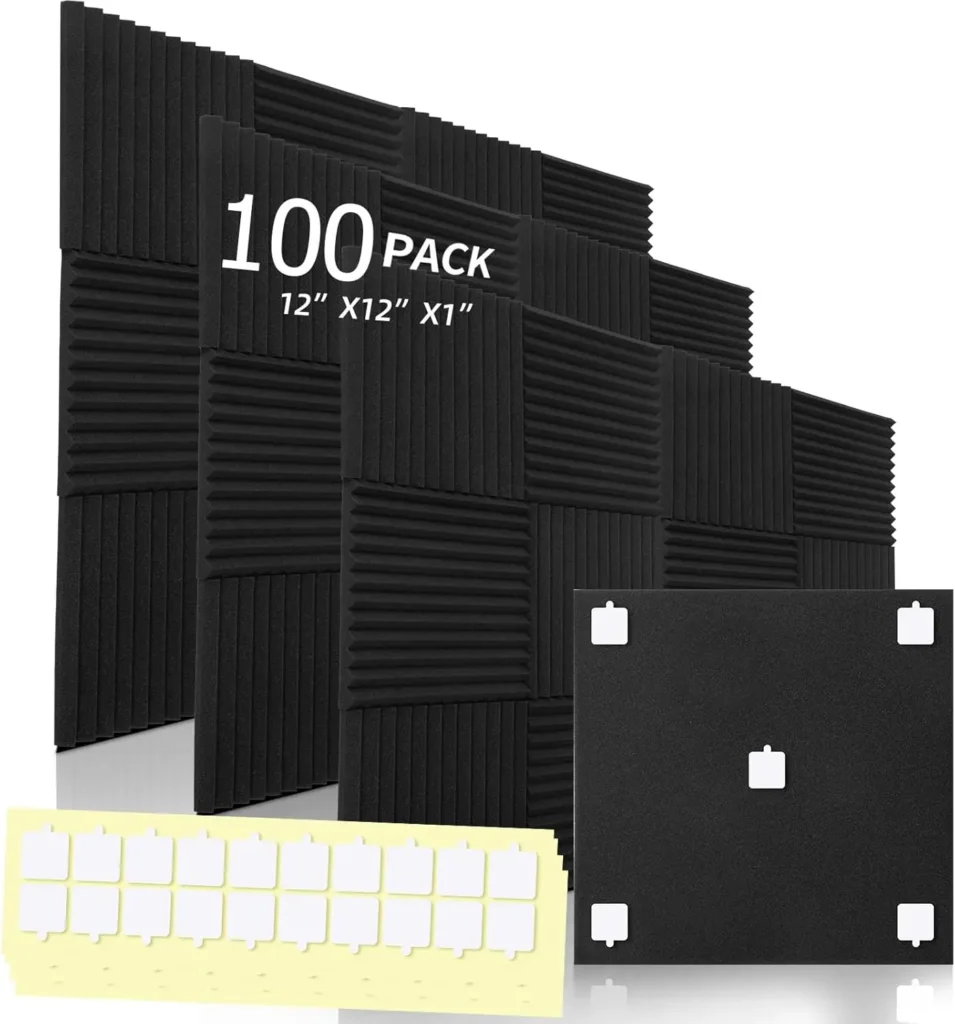 Paquete de 100 Paneles de Espuma Acústica, Paneles de Pared Insonorizantes Negros para Estudio, Oficina, Hogar, 12x12x1 Pulgadas, Alta Densidad