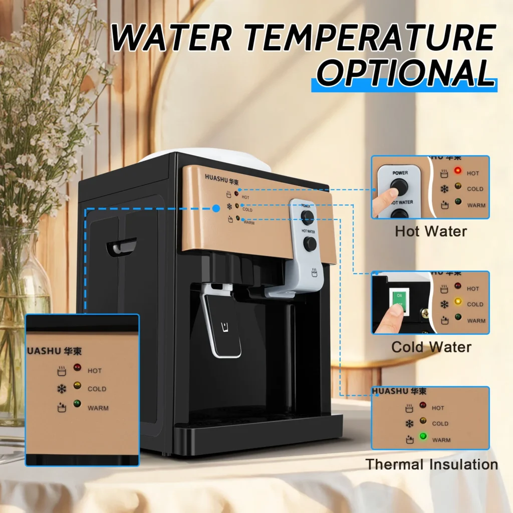 Dispensador de Agua Color Oro Champán, Dispensador de Agua Fría/Caliente/Tibia de Acero Inoxidable de Escritorio de 110 V, 22*27*37 cm para Sala de Estar