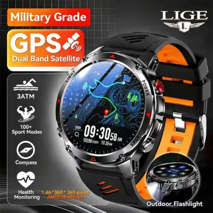 Reloj Inteligente Deportivo LIGE con GPS, para Ciclismo, Correr, Natación, con Brújula, Altímetro, Resistente al Agua 3ATM, para Hombre