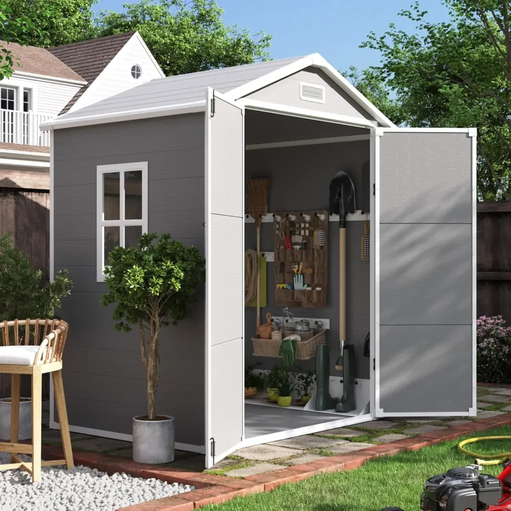 Caseta de Almacenamiento Exterior de Resina 6x4.5 FT, Cobertizo de Jardín de Plástico para Bicicletas, Contenedores de Basura, Herramientas, Cobertizos Exteriores con Cerradura, Personalizable
