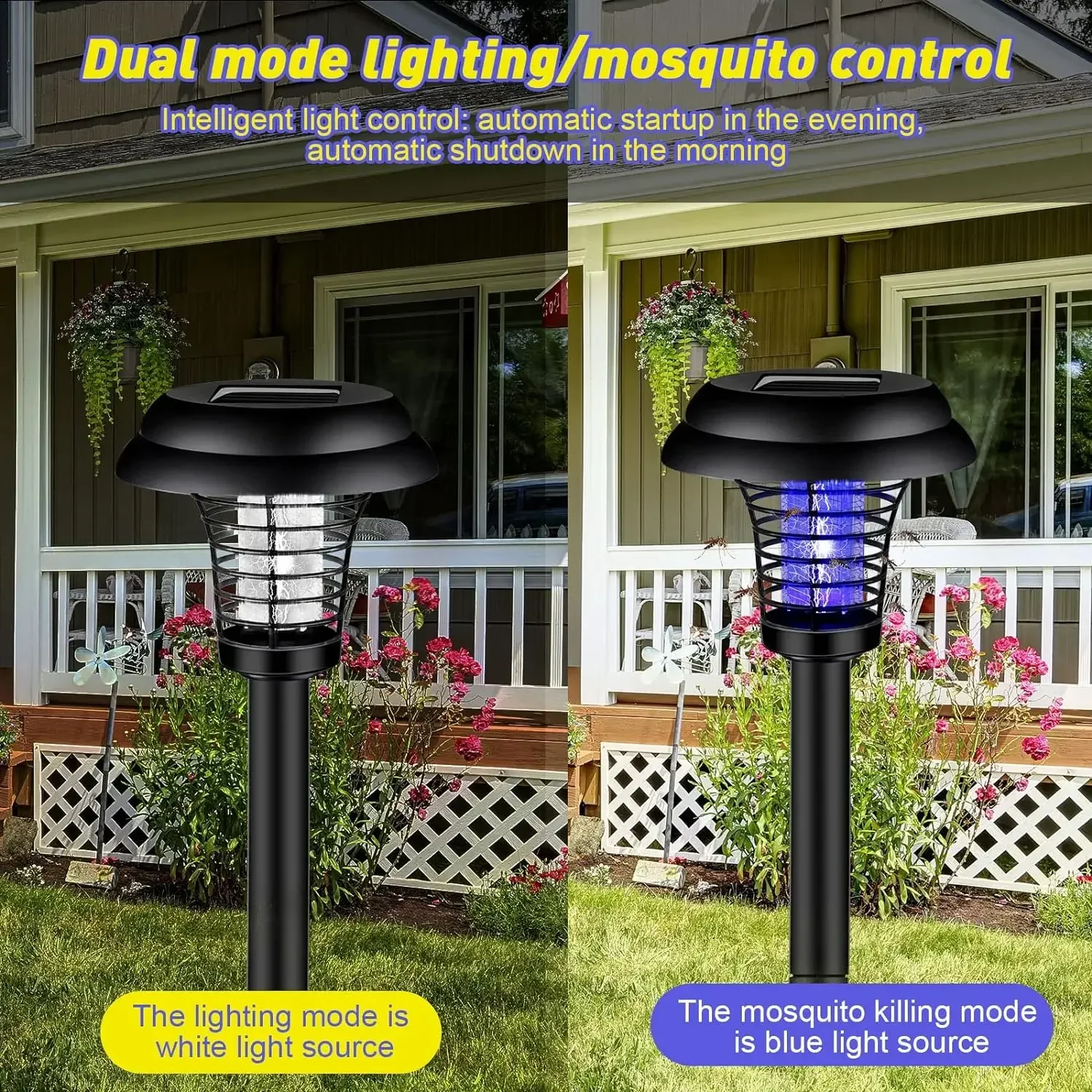 Exterminador de insectos solar con modos de luz duales: trampa para mosquitos LED impermeable para jardín y camping