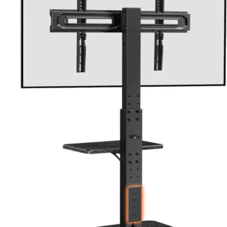 Soporte universal de suelo para TV con toma de corriente, altura ajustable para televisores de 32-75 pulgadas de hasta 110 lbs, soporte giratorio con base de madera