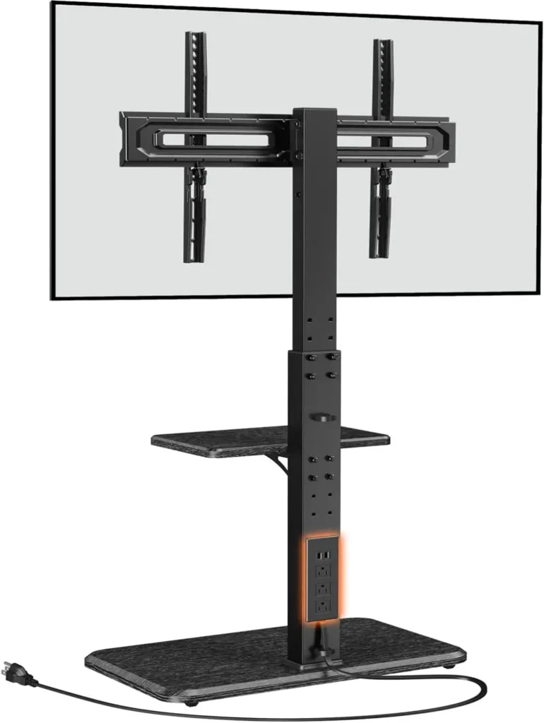 Soporte universal de suelo para TV con toma de corriente, altura ajustable para televisores de 32-75 pulgadas de hasta 110 lbs, soporte giratorio con base de madera