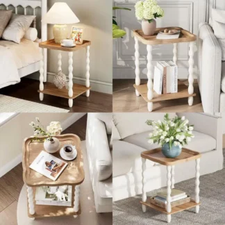 Mesita de noche de 2 niveles de madera envejecida estilo granja, mesa auxiliar de pino hecha a mano de 18.9 pulgadas para sala de estar y dormitorio, estilo bohemio, fácil de montar