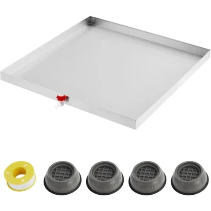 Sartén para lavadora de acero inoxidable 304 de alta resistencia para electrodomésticos de 27 x 25 con orificio de drenaje y adaptador de manguera Incluye 4 piezas AntiV
