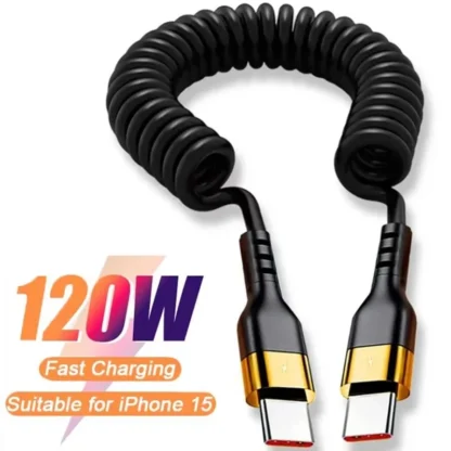 USB tipo C 120W coche 5A carga rápida tipo C a tipo C Cable telescópico de resorte para iPhone 15 Samsung Huawei Xiaomi Redmi OnePlus