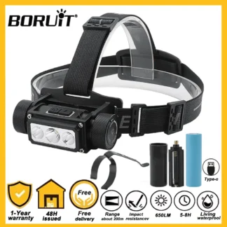 BORUiT-linterna frontal LED de alta potencia, faro recargable tipo C, linterna de cabeza de pesca, linterna de trabajo, linterna de Camping, 6000LM, 21700