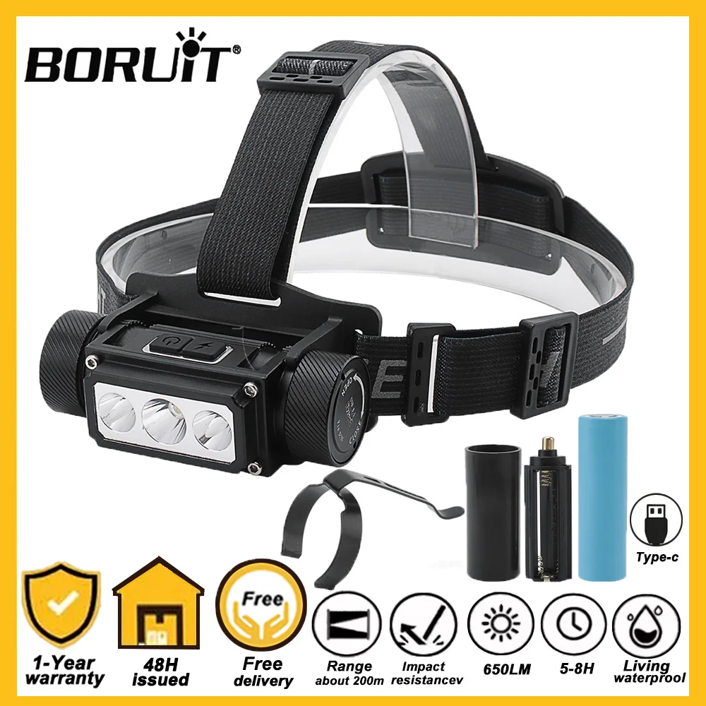 BORUiT-linterna frontal LED de alta potencia, faro recargable tipo C, linterna de cabeza de pesca, linterna de trabajo, linterna de Camping, 6000LM, 21700