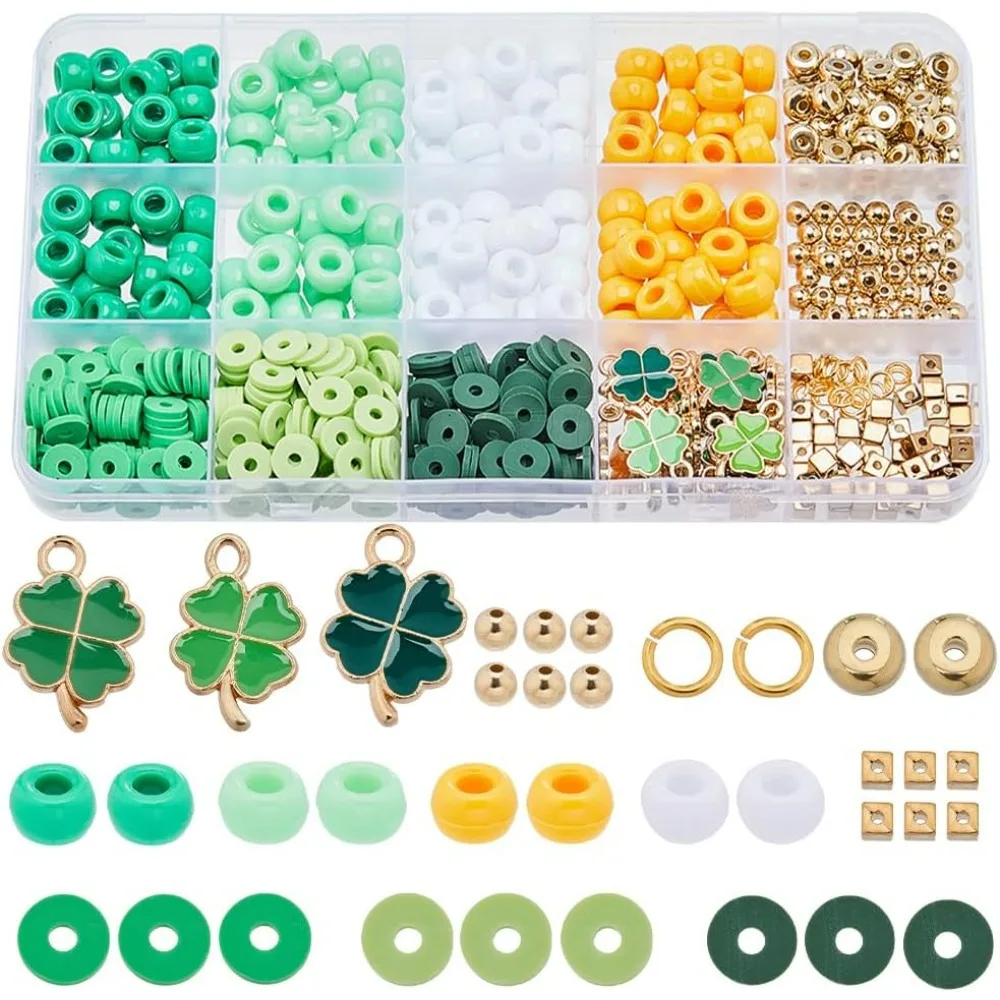 961 Uds. Amuletos del Día de San Patricio, cuentas de Pony de 8mm, redondas, opacas, arcilla polimérica, Heishi, cuentas de disco plano, esmalte, trébol de cuatro hojas irlandés