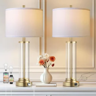 Juego de 2 Lámparas para Dormitorio, Lámparas de Mesa con Control Táctil y Puertos USB A+C, Lámpara de Noche Regulable de 3 Niveles con Pantalla de Tela, Mo