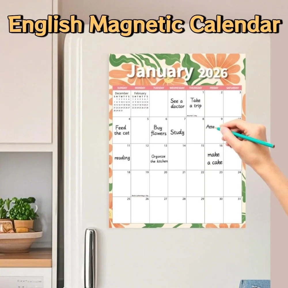 Calendario magnético inglés creativo, notas de papel grueso, calendario 2026, organizador de Agenda, calendario planificador mensual colorido para uso doméstico