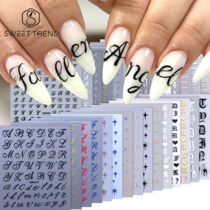 SWEET TREND 4/6/7/10/11 piezas Pegatinas de Uñas con Letras Romanas Doradas y Plateadas, Alfabeto, Palabras en Inglés, Decoración de Manicura, Deslizadores para Decoración de Uñas