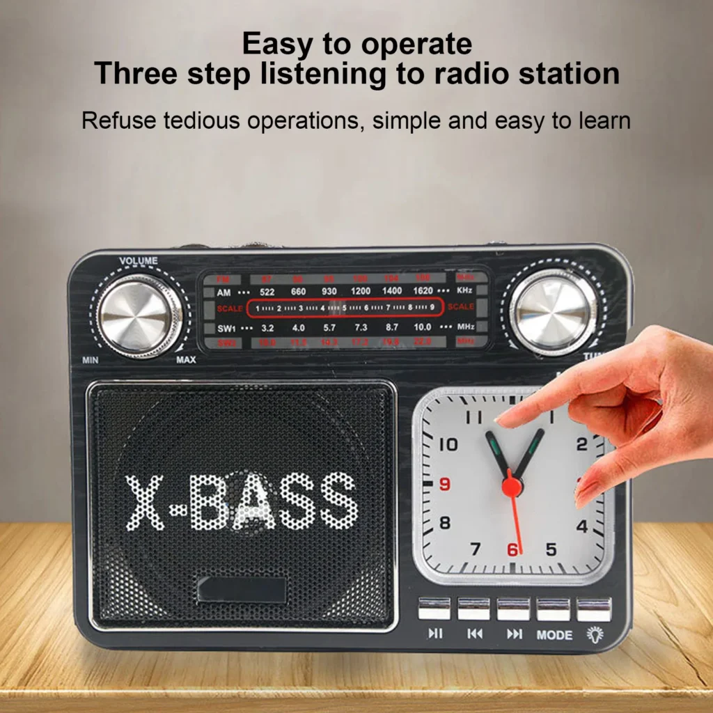 Radio BT portátil Radio BT inalámbrica Radio BT Sintonización manual inalámbrica Radio AM FM SW portátil retro con reloj ligero Negro