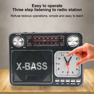 Radio BT portátil Radio BT inalámbrica Radio BT Sintonización manual inalámbrica Radio AM FM SW portátil retro con reloj ligero Negro