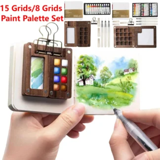 Paleta de pintura de viaje, Mini juego de paleta de acuarela con Clip, juego de acuarela portátil, caja de pintura de rejilla de madera para pintura de acuarela