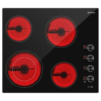 Placa de cocción eléctrica de cerámica negra de 24 pulgadas con 4 quemadores, control de perilla integrado de 220-240 V, bloqueo para niños, 9 niveles de potencia, temporizador