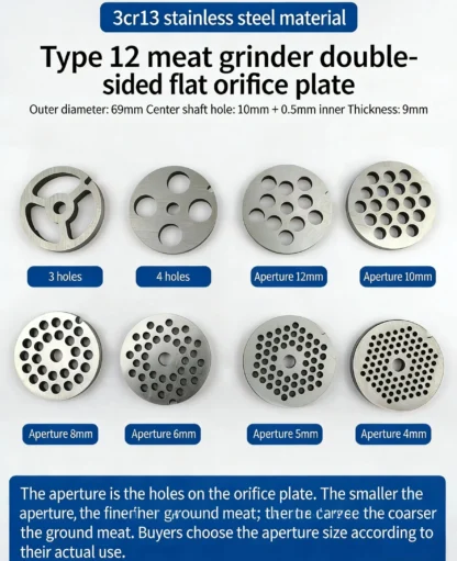 12 # Accesorios para picadoras de carne eléctricas: Placa de orificio de acero inoxidable, Rejilla de descarga, Cuchilla redonda