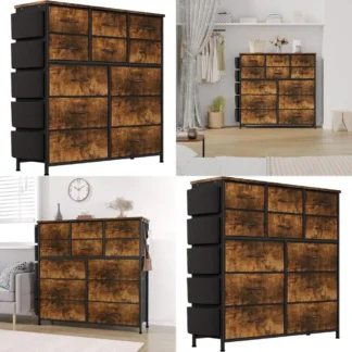 Unidad de Almacenamiento para Dormitorio con 12 Cajones, Tela, Estructura Metálica Resistente, Tapa de Madera, Tiradores Fáciles de Usar - Marrón Rústico