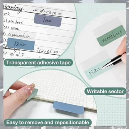 Venta caliente-pestañas de libros autoadhesivas multicolores, marcadores de página, pestañas de página grabables de 1,8X1,1 pulgadas, transparentes para cuaderno