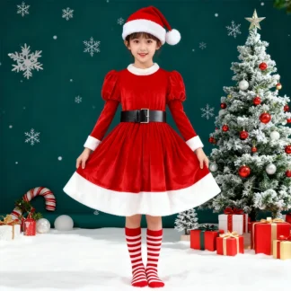 Vestido de terciopelo de otoño e invierno, calcetines y sombrero, conjuntos de 3 uds para niños, disfraces de Papá Noel, vestido de Año Nuevo para niñas, vestidos de fiesta