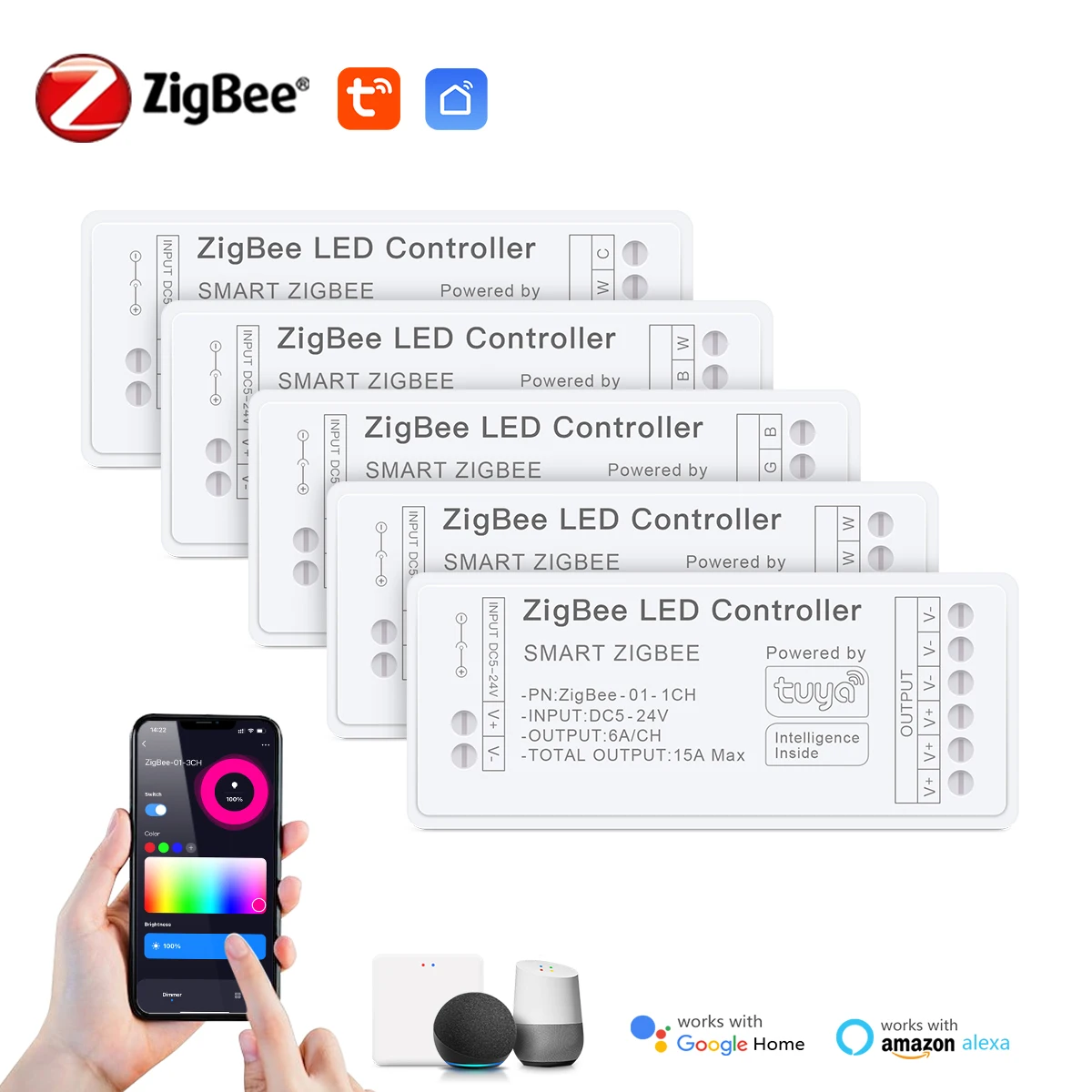 Controlador LED inteligente Zigbee funciona con RGBW CCT tira de LED RGB RGBCCT de un solo color COB /5050 /2835 DC12V 24V 5V con aplicación Tuya