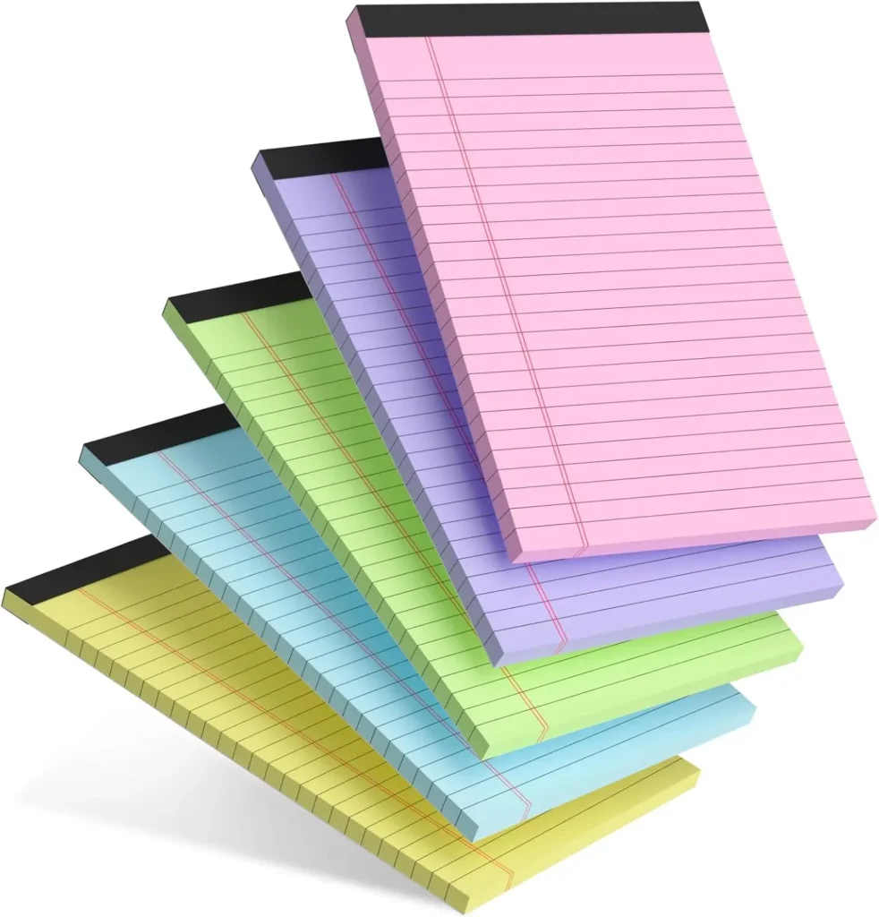 Paquete de 5 Blocs de Notas de Colores con Rayas Universitarias, 5x8 Pulgadas, 30 Hojas Cada Uno, Perforados para Fácil Desprendimiento