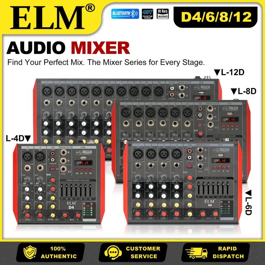 Mezclador de Audio D de 4/6/8/12 Canales, Bluetooth, USB, Reverberación por Canal, Alimentación Fantasma de 48V, Ecualizador Maestro de 7 Bandas, para Streaming, Podcast, Karaoke