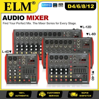 Mezclador de Audio D de 4/6/8/12 Canales, Bluetooth, USB, Reverberación por Canal, Alimentación Fantasma de 48V, Ecualizador Maestro de 7 Bandas, para Streaming, Podcast, Karaoke