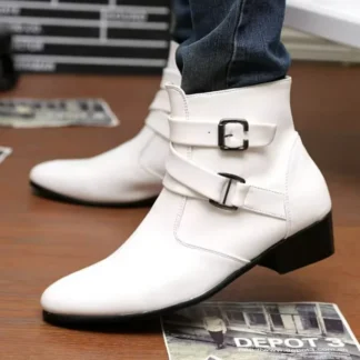 Nuevas botas para hombre, botas Chelsea de cuero, hebilla alta con zapatos formales, botines grandes ingleses, botas blancas puntiagudas