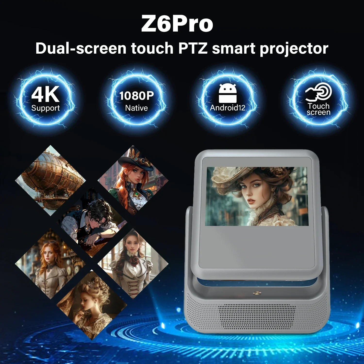 Netflix, Proyector de Vídeo Prime Pantalla Táctil de 8'' 4K 1080P WiFi Bluetooth Android iOS Espejo 180 ° Flip HDMI USB Gaming 30-300''