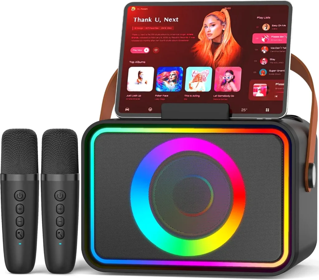 Máquina de Karaoke Portátil con Altavoz Bluetooth, 2 Micrófonos Inalámbricos, Luces LED, Soporte USB/TF/AUX para Fiestas y Regalos