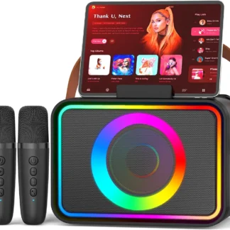 Máquina de Karaoke Portátil con Altavoz Bluetooth, 2 Micrófonos Inalámbricos, Luces LED, Soporte USB/TF/AUX para Fiestas y Regalos