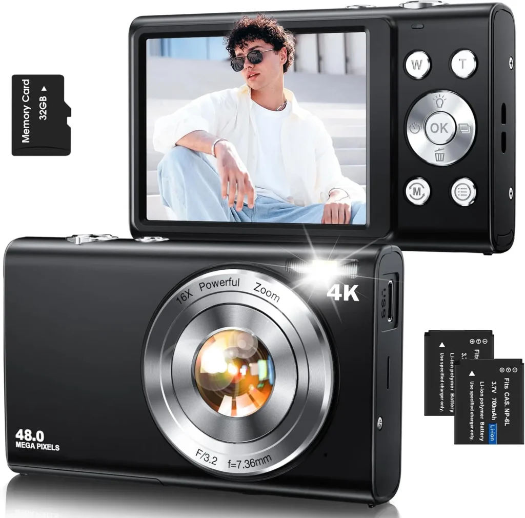 Cámara Digital 4K con Autoenfoque y Tarjeta de 32GB, 48MP Compacta, Apunta y Dispara, para Vlogging y Fotografía, para Adolescentes, Adultos y Principiantes