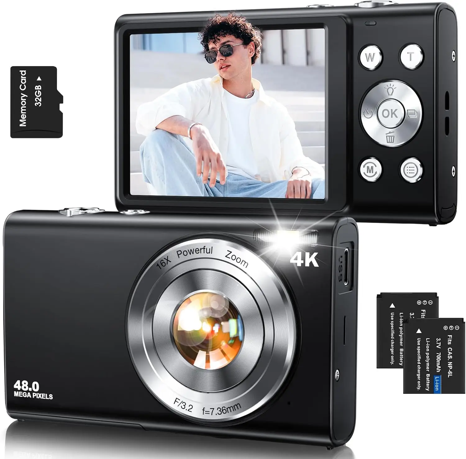 Cámara Digital 4K con Autoenfoque y Tarjeta de 32GB, 48MP Compacta, Apunta y Dispara, para Vlogging y Fotografía, para Adolescentes, Adultos y Principiantes