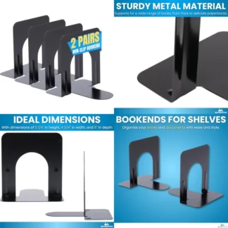 Sujetalibros de metal elegantes para escritorios de oficina y hogar 5,25 x 4,75 x 5 pulgadas Acabado negro antideslizante Juego de 4 Ideal para organizar Boo