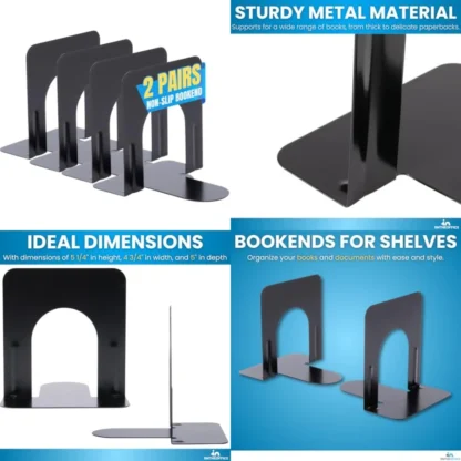 Sujetalibros de metal elegantes para escritorios de oficina y hogar 5,25 x 4,75 x 5 pulgadas Acabado negro antideslizante Juego de 4 Ideal para organizar Boo
