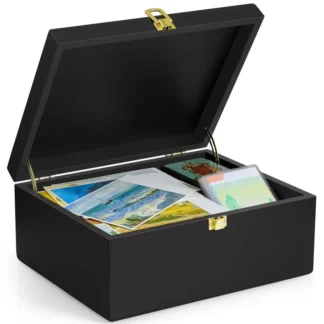 Caja de Madera Grande para Recuerdos, Caja Negra para Guardar Recuerdos, Caja Decorativa con Tapa con Bisagras, Caja Grande para Tarjetas