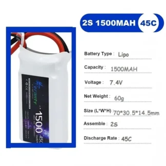 Batería Lipo Recargable 2S 7.4V 1500mAh 45C para Dron RC, Quadcopter FPV, Helicóptero, Avión, Coche, Barco, Camión