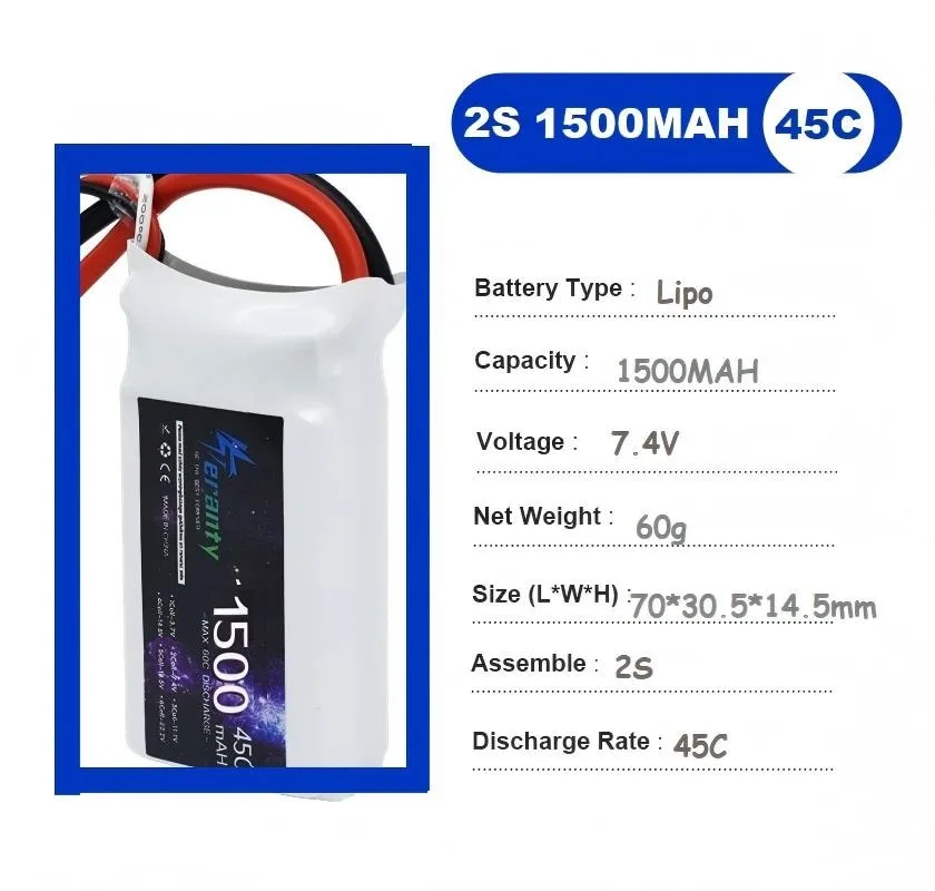 Batería Lipo Recargable 2S 7.4V 1500mAh 45C para Dron RC, Quadcopter FPV, Helicóptero, Avión, Coche, Barco, Camión