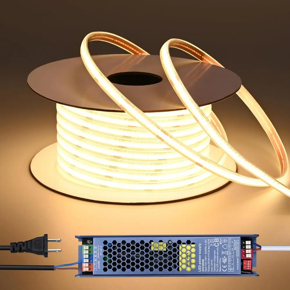 Tira de Luces LED COB de 24V para Exteriores, Resistente al Agua, 65.6T, 3000K Blanco Cálido, Regulable, IP67, CRI 93, con Fuente de Alimentación o Cable