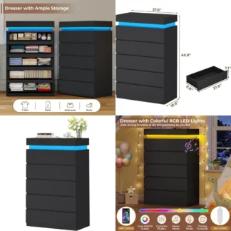 Cómoda Contemporánea de 5 Cajones con Iluminación LED, en Negro Elegante para Dormitorio o Sala de Estar